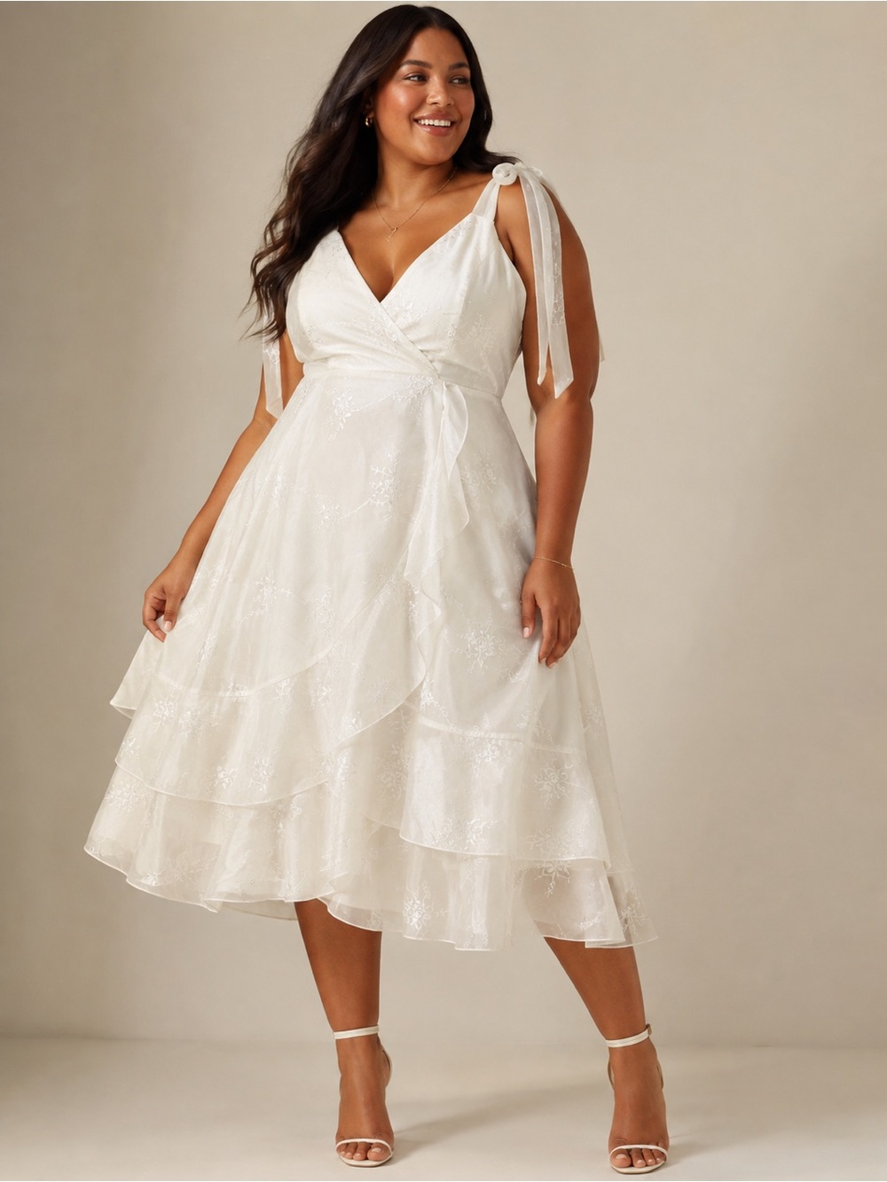 Lulu’s Elegant Direction Ivory Embroidered Ruffle Tie Strap Midi Dress M